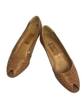 Vintage Castlers Leather Peep Toe Woven Pumps Brown Low Heel Womens 8.5